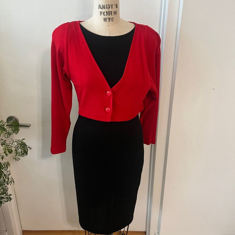 Vintage 80's NICOLE MILLER Black‎ Wool Dress with Attached Red Cardigan